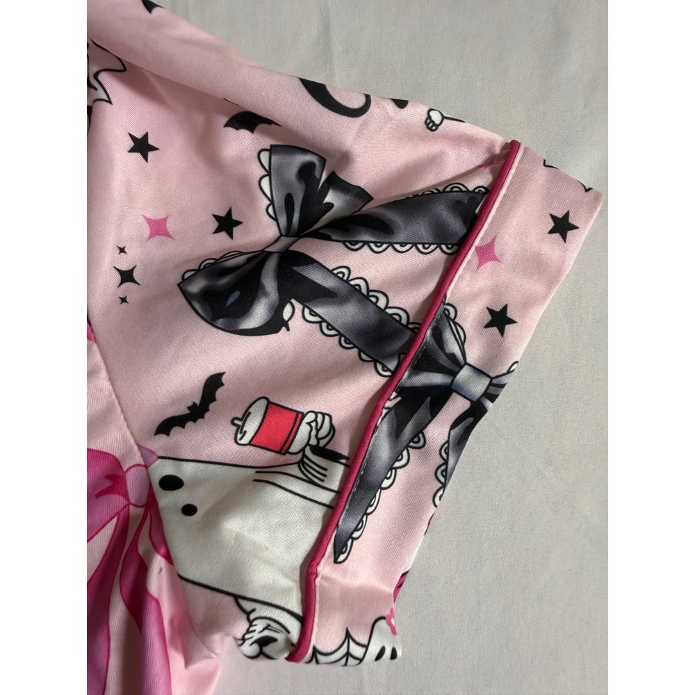 Pink Halloween Ghost Bow Pajama Set Short Sleeve Button Down Shorts Womens Large - Picture 5 of 11